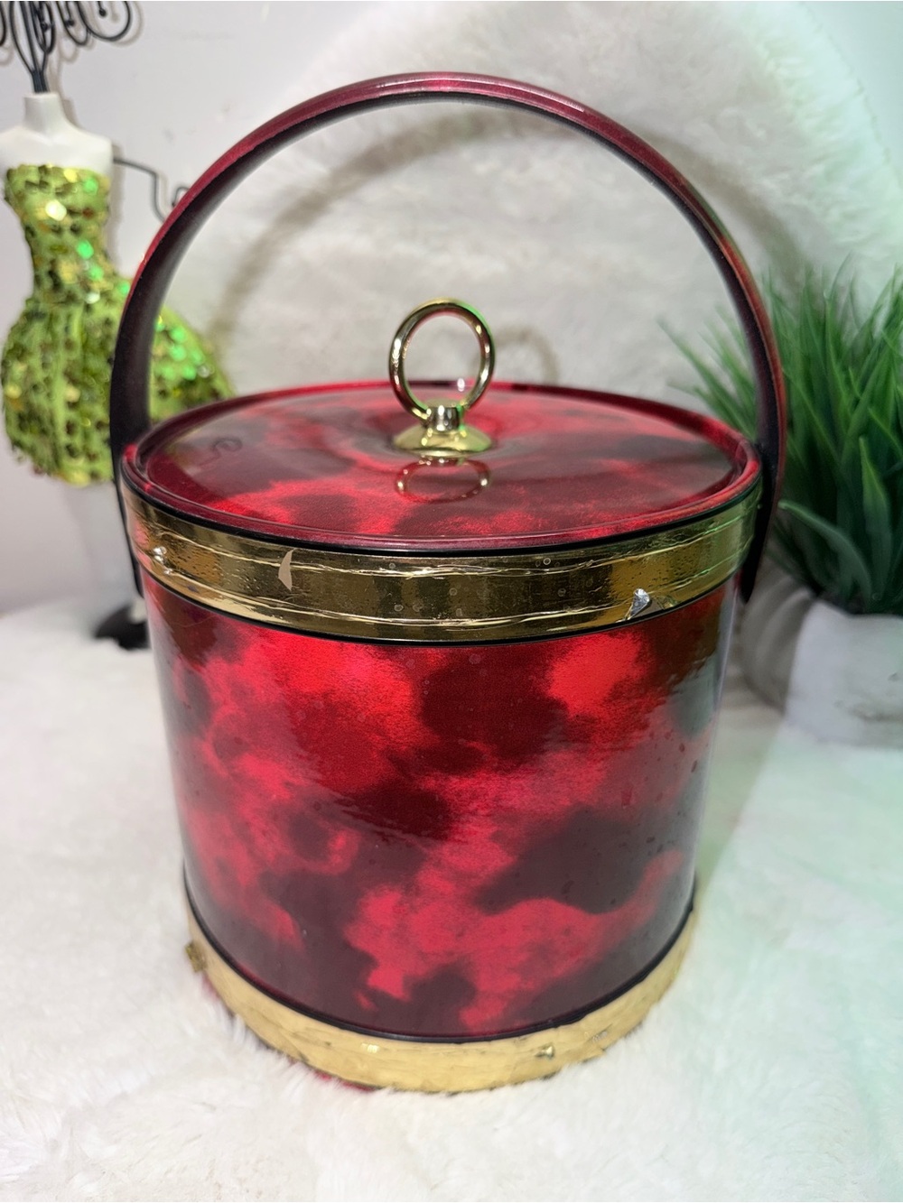 Retro Red Tortoiseshell Vintage Ice Bucket w/Gold Foil Trim Mid Century Modern ๐ - Picture 3 of 7